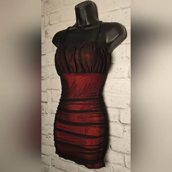 SHEIN Black Red Mesh Ruched Bodycon Mini Dress US 2 - Picture 4 of 13